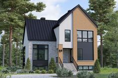 This modern two-story house plan has two bedroom upstairs with a shared bathroom and laundry. The home gives you 1,351 square feet of heated living and has a narrow 34'-wide footprint. The ground floor is all open-concept. The kitchen has a three-person island as well as a walk-in pantry. There is also a washroom on this floor.  A 14' by 10' porch in back is accessible from the dining room through sliding doors. NOTE : Please allow 15 to 20 business days for plan delivery. Small Modern House Plans, Two Story House Plans, Two Story House, European House Plans, European House Plan, European House, Green Hills, Floor Framing, Building Permits