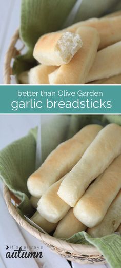 garlic breadsticks in a basket with green cloth on the side and text overlay that reads better than olive garden garlic breadsticks