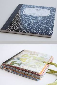 two different views of an open notebook with ribbon on the front and back cover,