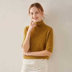 Free Shipping on orders $45+   
  First Order 10 % OFF, CODE: DAISYSILK   
  FREE Scrunchy or Eye Mask Gift on Orders $100+   
  (No Code Needed)      -95% A-grade Mongolian cashmere  
 -Knitted yarn Of long-staple finest fibers  
 -Basic round neck    
 - Regular Fit, short sleeve    
 
 This cashmere sweater adopts 95% Grade A Mongolian cashmere. Featured with softness, elasticity, and warmth, it is soft and comfortable to wear against bare skin. This sweater will fit you well due to its cur Luxury Cashmere Sweater In Solid Color, Soft Knit Cashmere Turtleneck Sweater, Yellow Cashmere Sweater, Long Sleeve Cashmere Soft Knit Turtleneck, Classic Crew Neck Cashmere T-shirt, Cashmere Sweater Women, Sweater Material, Yellow Sweater, Pullover Sweater Women