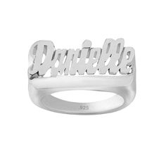 "Name jewelry is always the hottest trend. This custom made name ring is beautifully crafted in sterling silver. This will certainly make a special gift making a perfect accessory for any occasion. This name ring measures approximately 3/4\" wide and 3/8\" tall in sizes 5 thru 10. Finished with polished to mirror shine, this name ring makes an extra elegant addition to your jewelry wardrobe. Since your name ring is handcrafted, item may slightly vary in overall appearances than the picture shown Personalized Modern Silver Stackable Rings, Classic Sterling Silver Rings For Personalized Gifts, Silver Sterling Silver Engraved Ring For Personalized Gift, Personalized White Sterling Silver Ring, White Sterling Silver Ring For Personalized Gift, Classic Name Ring Jewelry, Silver Promise Ring With Name, Silver Open Ring With Name Detail, Silver Anniversary Rings With Names