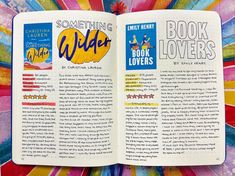 an open book with the title'something wilde'written in yellow and blue on it