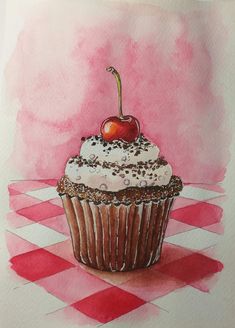 a painting of a cupcake with a cherry on top