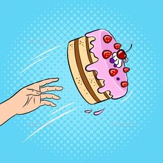 a hand reaching for a piece of cake with cherries on it - food objects