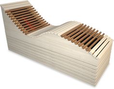 a wooden slatted bench sitting on top of a white floor