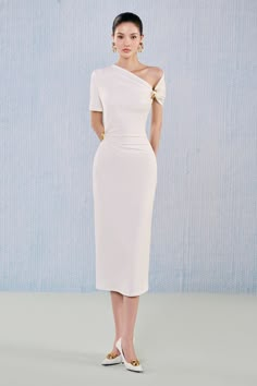 Jade Sheath Asymmetric Neck Viscose Midi Dress | MEAN BLVD Coktail Dress, Classic Fashion Pieces, White Dress Formal, Bridal Shower Dress, Taffeta Dress, Ankle Length Dress, Asymmetric Neckline, Shower Dresses, Designer Pieces