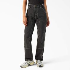 Women’s Madison Loose Fit Double Knee Jeans - Dickies US Utility Jeans With Hip Pockets In Rigid Denim, Dark Wash Utility Jeans With Patch Pockets, Utility Dark Wash Jeans With Patch Pockets, Utility Style Dark Wash Jeans With Patch Pockets, Utility Cargo Jeans In Washed Black With Hip Pockets, Washed Black Utility Cargo Jeans With Straight Leg, Washed Black Cargo Jeans With Hip Pockets, Utility Rigid Denim Cargo Jeans With Five Pockets, Washed Black High Rise Utility Cargo Jeans