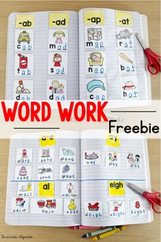 an open book with words and pictures on the pages that spell out word work in spanish