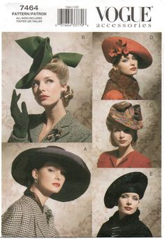 Includes patterns and instructions to make five vintage styles of hats from the 1930's and 1940's. Uncut, complete and in original factory folds. Copyright 2001 and no longer being manufactured. Vintage Retro Outfits, Idda Van Munster, 1940s Hats, 1940's Fashion, Retro Hats, Hat Patterns To Sew, Hat Base, Vogue Sewing Patterns, Vogue Sewing