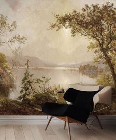 Interior Design Trends 2024 - wallpaper with warm scenic motif Bird Mural Wallpaper, Lake House Mural, Large Wall Mural Living Room, Ceiling Mural Wallpaper, Lilia Wallpaper, Wallpaper Designs For Walls Living Room, Vintage Wallpaper Landscape, Wallpaper Murals Statement Wall, Country Bathroom Decor Ideas