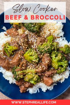 beef and broccoli stir fry on rice with sesame seeds in a blue bowl