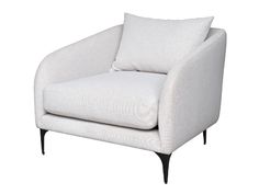 a white chair with two pillows on the back and one arm resting on it's side