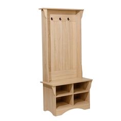 a wooden shelf with two doors and three shelves on each side, one door open