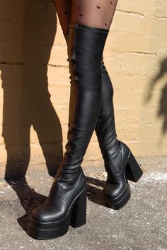 Faux leather upperDouble platform sole Inside zip Thigh high length High block heel Closed square toe New Trend Shoes, Dance Boots, Over Knee Boots, Platform Block Heels, Super High Heels, Aesthetic Shoes, Thick Heels, Thigh High Boots, Platform Boots