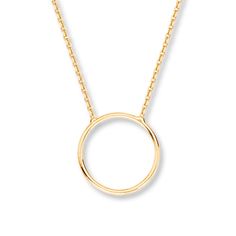 A circle of 14K yellow gold decorates this simply stylish necklace for her. The pendant swings from an 18-inch cable chain secured with a lobster clasp. Modern Circle Necklaces For Formal Occasions, Delicate Circle Chain In Yellow Gold, Yellow Gold Jewelry With Delicate Circle Chain, Modern Open Circle Necklace For Formal Occasions, 14k Gold Delicate Circle Chain Necklace, 14k Gold Delicate Circle Necklace, Modern White Gold Necklaces With Open Circle, Modern White Gold Necklace With Open Circle Design, Modern White Gold Open Circle Necklaces