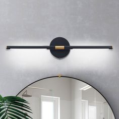 a round mirror sitting on top of a wall next to a plant