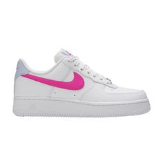 Find NIKE Wmns Air Force 1 Low 'fire Pink on Editorialist. The women’s Nike Air Force 1 Low ‘Fire Pink’ emphasizes the sneaker’s various branding elements with vibrant pops of color. A dark pink hue is applied to the signature Swoosh and Nike Air lettering that adorns the heel tab and woven tongue tag, both of which are finished in a pastel shade of Hydrogen Blue. The upper, constructed from tumbled white leather, sits atop a matching white foam midsole. A metallic AF1 dubrae shines at the bottom of the lace bed.