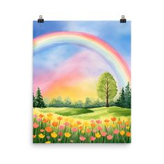 a painting of a rainbow in the sky above a field with flowers and trees on it