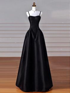 Spaghetti Straps Floor Length Black Satin Formal Occasion Black Simple Formal Dress, Long Black Formal Dress Classy, Black Long Prom Dress, Floor Length Dresses Formal, Elegant Prom Dresses Black, Dress Length Guide, Grad Dresses Black, Simple Black Wedding Dress, Ball Gowns Simple