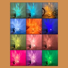 multiple images of different colored lights in a room