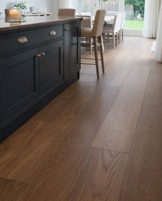 a kitchen with wooden floors and blue cabinets