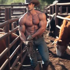 a shirtless man standing next to a fence with his hands on his hips, in front of cows