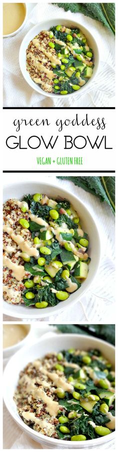 two bowls filled with vegetables and sauce on top of each other, next to the words green goddess glow bowl vegan gluten free