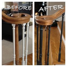 before and after photos of a wooden stair railing