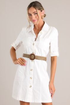 Stay cool and stylish in this breathable Reach Land's End Ivory Button Down Shirt Dress. With its cute and simple design, this classic dress is perfect for any occasion. Perfect for a casual day out or dressed up for a night on the town. Features a collar neckline, functional buttons, roll tab sleeves, a detachable woven & wooden belt, and two breast pockets. 97% Cotton, 3% Spandex Hand Wash Cold Unlined Belt measures 40.5" Imported Model is wearing a size small Shop Red Dress, Sorority Rush Dresses, Button Shirt Dress, Rush Dresses, Cardigan Crop Top, Land's End, Button Down Shirt Dress, Red Dress Boutique, Dress Bra