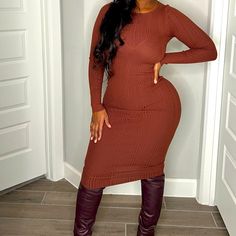 Brand New, Lots Of Stretch, Tags Attached Brown Knee-length Bodycon Winter Dress, Brown Knee-length Winter Bodycon Dress, Brown Long Sleeve Bodycon Midi Dress, Brown Bodycon Long Sleeve Midi Dress, Fitted Brown Midi Sweater Dress, Fitted Brown Midi Length Sweater Dress, Eden Dress, Bodycon Sweater Dress, Bodycon Sweater