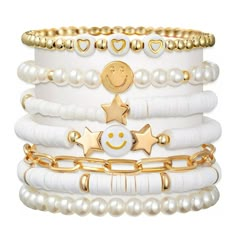 Product Description White Gold Preppy Bracelets The package comes with 7 pieces white gold Heishi bracelets in different style. The bracelets set is collected and designed by kinds of special elements - golden beads, white vinyl clay, smile, star, heart, artificial pearl, and so on. Each of them is unique and attractive. Size Detail The perimeter of stretch bracelets is about 6.3/6.7/7inch, and the perimeter of adjustable bracelet is approx. 7.8 inch, which are suitable for most people wrist size. Premium Materials 6 Pieces made of premium soft clay and acrylic material and the one of paper clip bracelet is alloy, non-fade, not easy to break, waterproof, durable, lightweight, which is comfortable for wearing. Best Gift Our bracelets are in tend of fashion, it is a good idea for you to choo Clay Bead Ideas, Heishi Bracelets, Layering Bracelets, Clay Bead Bracelets, Preppy Bracelets, Summer Beach Jewelry, Preppy Jewelry, Clay Bead Bracelet, Golden Beads