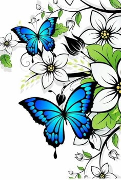 blue butterflies and white flowers with green leaves on the bottom right corner, flying in the air