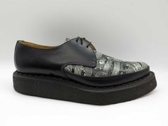 This timeless "Diano" creeper showcases sleek black leather and distinctive detailing, including a Goodyear welted crepe sole. Originally crafted in the late 1950s and revived for punk enthusiasts, this shoe boasts a 24mm front sole and a 36mm back sole. Created by the renowned George Cox, designer of the original Creeper shoe. Vintage Black Leather Shoes With Stitched Sole, Retro Black Oxfords For Derby, Retro Black Oxfords With Leather Sole, Black Leather Retro Oxfords, Fred Perry Amy Winehouse, Creepers Shoes, Fur Accessories, Tripp Nyc, Music Note