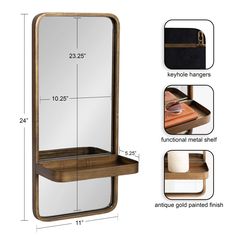 a mirror and shelf are shown with measurements for each item in this image, including the bottom half