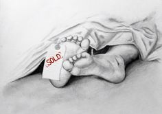 a pencil drawing of a baby's feet with a sold sign on it