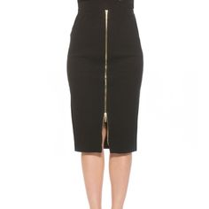 Add An Eye-Catching Statement To Your Off-Duty Look With This Curve-Skimming Pencil Skirt That Is Crafted From Soft And Stretchy Knit And Styled With A Front Exposed Zipper. 29.5" Length (Size S) Elastic Banded Waist Front Zipper Closure 50% Viscose, 30% Polyamide, 20% Polyester Stretch Skirt With Zipper Closure For Night Out, Elegant Fall Skirt With Zipper Closure, Chic Black Skirt With Zipper Closure, Elegant Office Skirt With Zipper Closure, Fitted High Waist Skirt With Zipper Closure, Fitted Pencil Skirt With Zipper Closure For Party, High Waist Skirt With Zipper Closure For Night Out, Chic Knee-length Bottoms With Side Zipper, High Waist Skirt With Zipper For Night Out