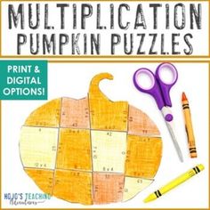 a pumpkin shaped puzzle with scissors and crayons