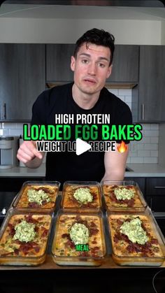 a man holding up four trays of food in front of him with the caption high protein loaded egg bakes