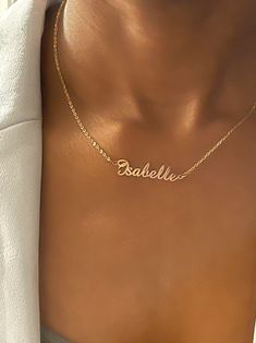 Our name necklace is classic in style and bold in design. #namenecklace #goldnecklace #trendynecklace #christmasgift #giftforher Trendy Name Necklace For Personalized Gift, Personalised Necklace, Cute Personalized Name Necklace For Gift, Cute Gold Name Necklace For Personalized Gift, Trendy Personalized Gold Name Necklace, Name Necklace Gold, Customized Gold-plated Elegant Name Necklace, Necklace Name Design, Amazon Handmade