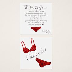 two business cards with red bras on them