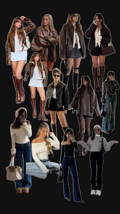 a collage of women in different outfits and shoes, all wearing hoodies or jackets