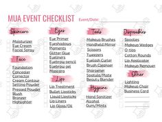 Don't forget a thing! Mark off each item off of your list as you prepare for your event! Makeup Artist Corner, Makeup Artist Estetic, Beginners Makeup Kit List, Makeup Artist Esthetic, Makeup Guide Book, Freelance Makeup Artist Business, Event Checklist, Freelance Makeup Artist, Makeup Artist Business