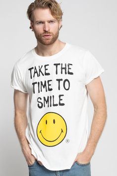 You always have extra time to smile! Front: "Take The Time To Smile!", smiley graphic Back: Blank Cheap Fun T-shirt With Smiley Face, Smiley Graphic, Cotton Style, Workout Tee, Male Model, Smiley, Color White, Short Sleeves, Crew Neck