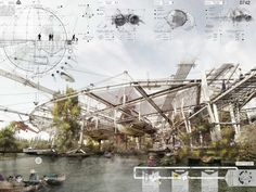 an architectural rendering of a bridge over a body of water with people on boats in it