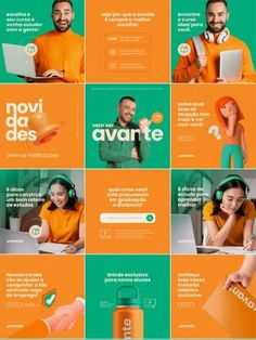 an orange and green advertisement with people working on laptops, talking to each other