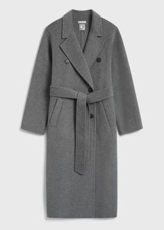 Wool-cashmere blend grey coat with a belted waist. Oversized fit for structured or relaxed looks in fall. Luxury Gray Wool Coat For Winter, Luxury Belted Wool Coat, Oversized Gray Long Sleeve Wool Coat, Gray Wool Coat With Button Closure, Luxury Gray Wool Coat, Belted Wool Coat, Belt Coat, Gray Wool Coat, Heel Accessories