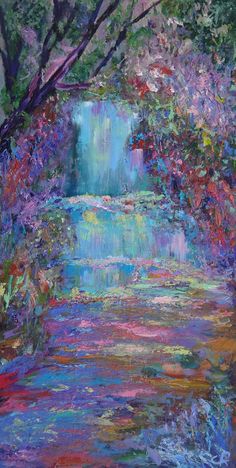 a painting of water lilies and trees