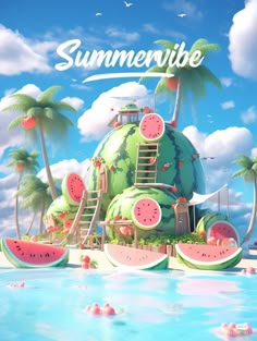 the watermelon house is surrounded by palm trees and other tropical objects, with words that read summer vibe