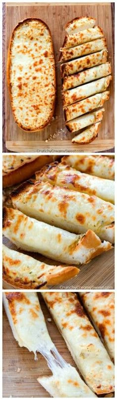 four different views of cheese pizza on a cutting board with slices cut out and ready to be eaten