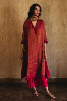 Buy Shorshe Clothing Maroon Handloom Striped Kurta Palazzo Set Online | Aza Fashions Stripes Suits Women Indian, Red Kurta Set Women, Casual Kurtas Women, Red Kurta Women Indian, Red Suits For Women Indian, Red Kurta Set, Handloom Kurta, Red Salwar Suit, Striped Kurta